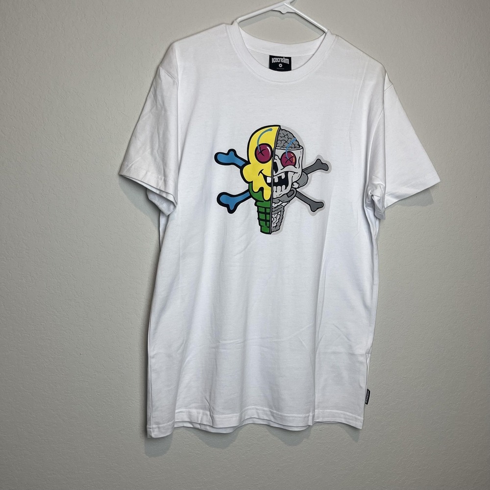Icecream T-Shirt Mens M White Skull Ice Cream Graphic Streetwear Cotton Top
